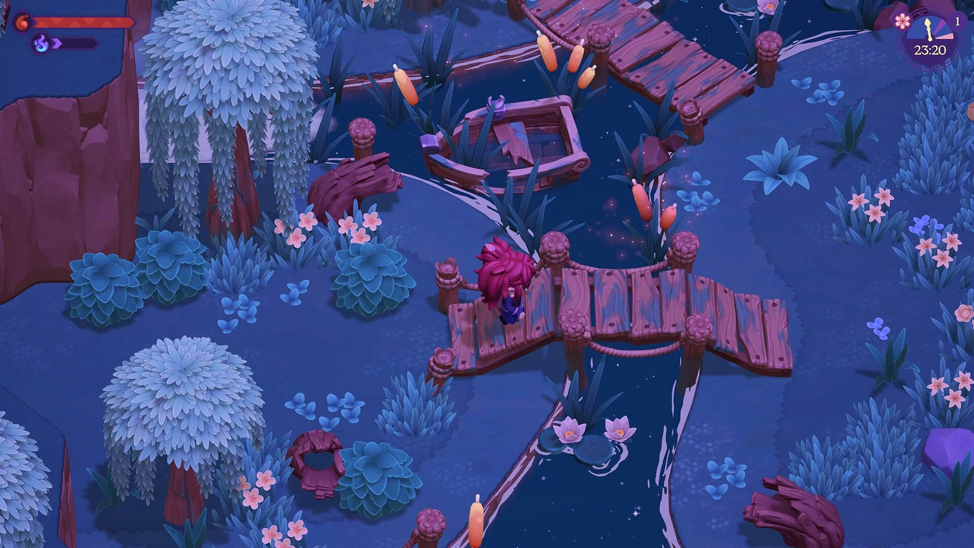Un personaje de pelo rosa cruza un puente de madera sobre un arroyo, entre sauces y flores, bajo la luz azul de la noche
