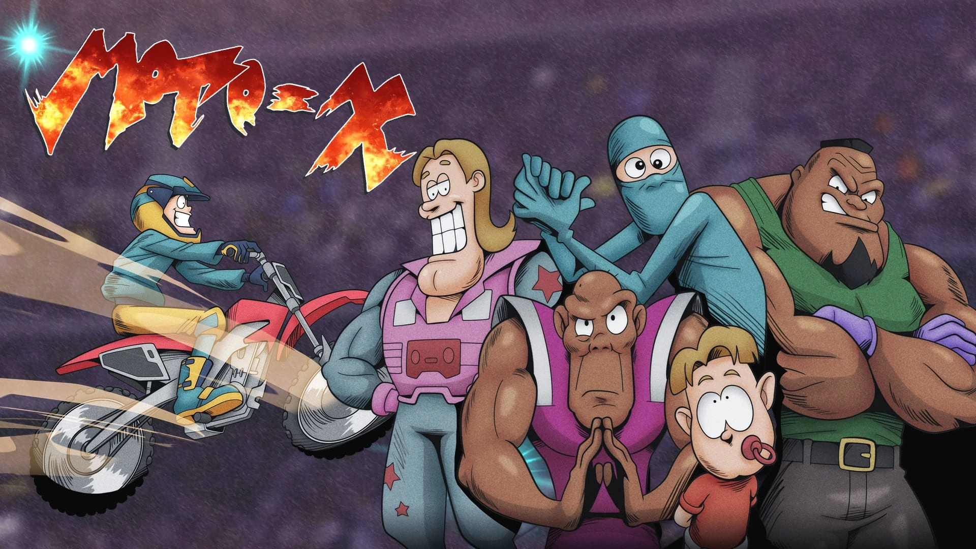 Ilustración de Moto X: un piloto con casco azul salta en una moto roja junto a cinco personajes de dibujos, entre ellos un ninja y un bebé con chupete
