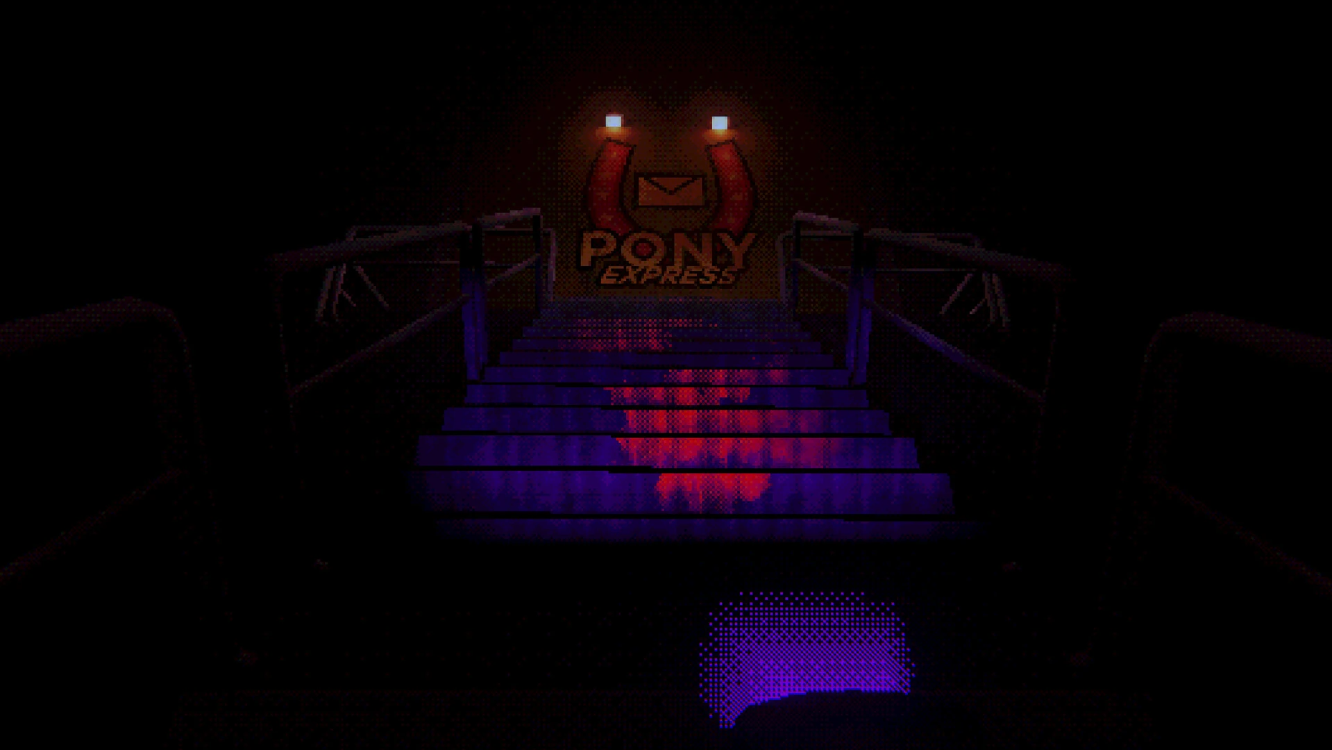 Una escalera metálica a oscuras, iluminada de azul y manchada de rojo, que sube hacia el logotipo de Pony Express entre dos luces