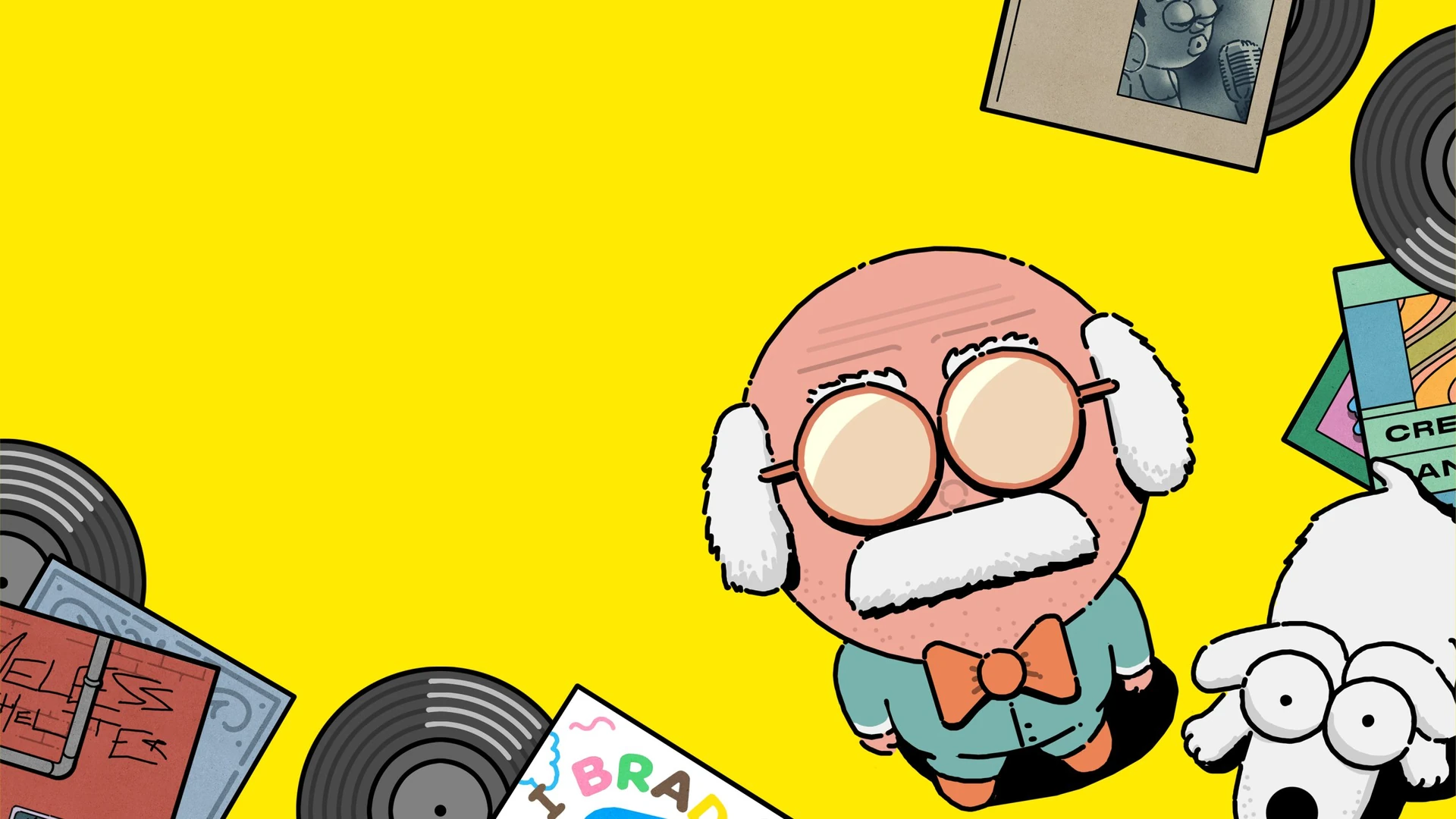 George y su perro Buzz, dibujados desde arriba sobre fondo amarillo, rodeados de discos de vinilo y portadas de álbumes