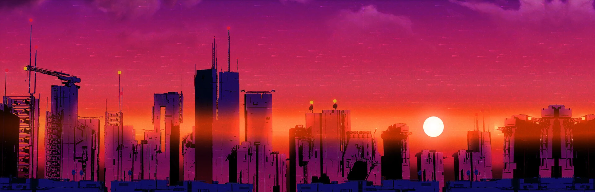 Silueta de una ciudad de rascacielos al atardecer, con el cielo naranja y morado