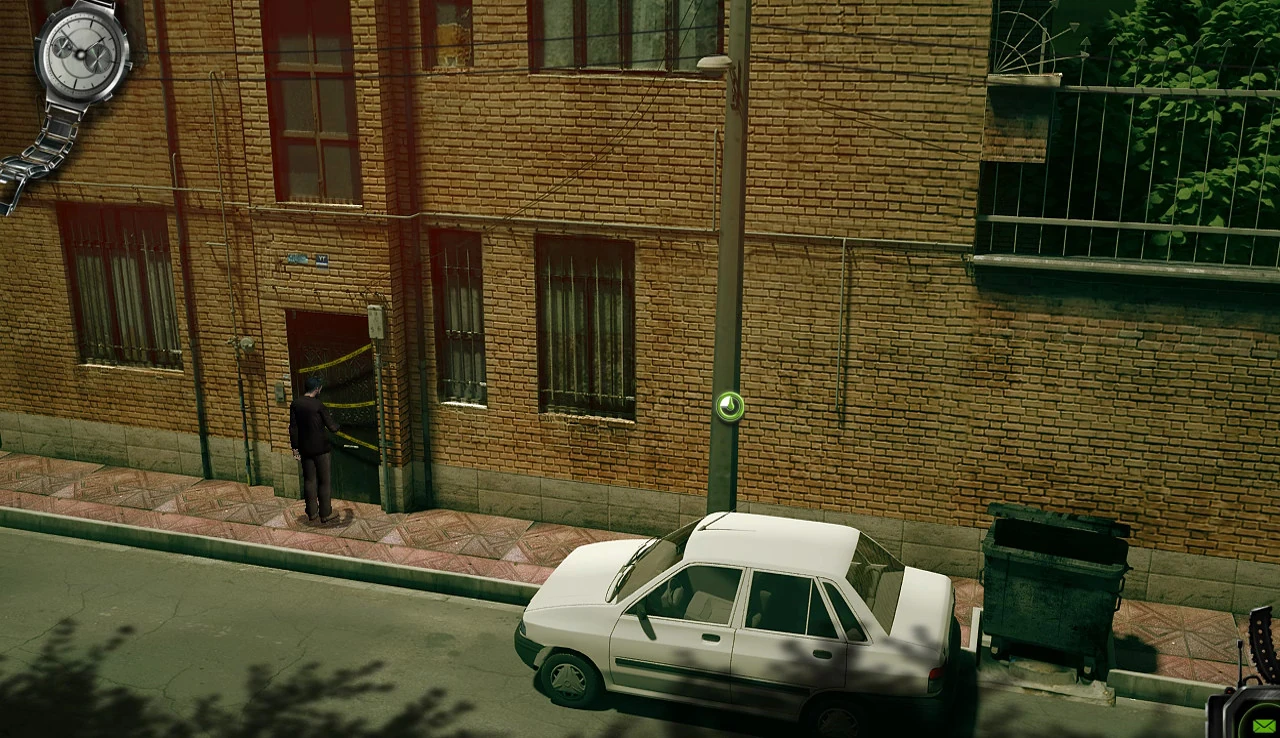 Calle de edificios de ladrillo vista desde arriba; un hombre ante un portal precintado, un coche blanco aparcado y un contenedor