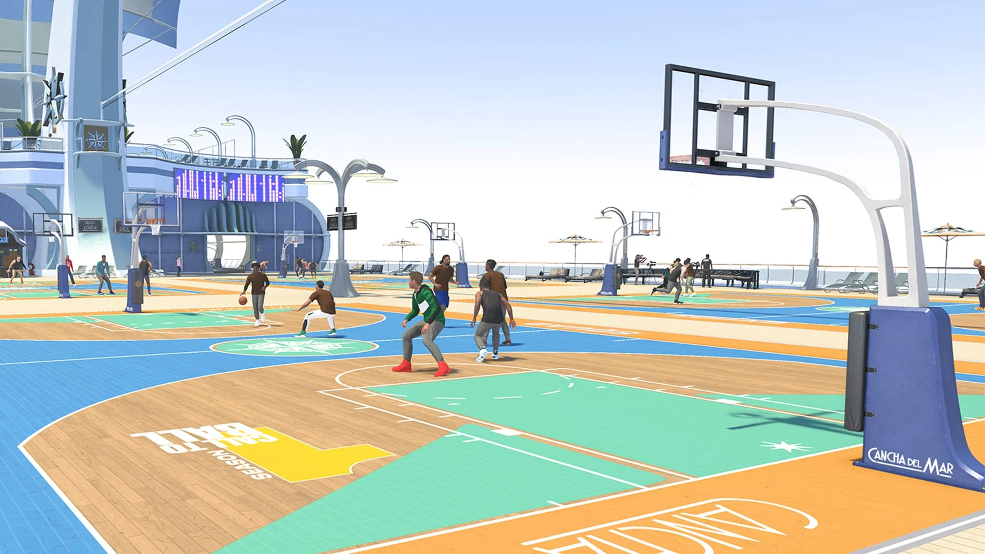 Canchas al aire libre sobre la cubierta de un barco, con varios jugadores creados en plena partida y el mar al fondo