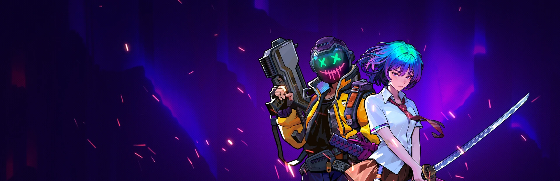 Dos agentes sobre un fondo violeta con chispas: uno con casco de visor sonriente y un fusil, y una chica de pelo azul con uniforme escolar y katana