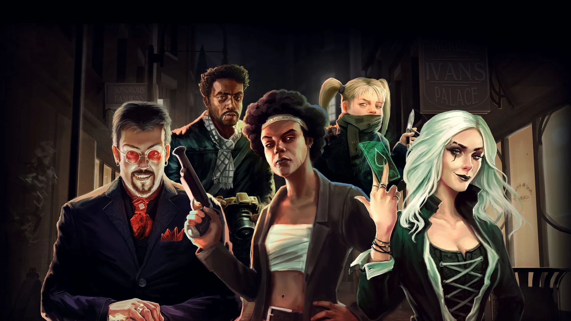 Maze, con gafas rojas, Madame Lux, de pelo blanco, y otros tres compañeros del vampiro posan de noche en un callejón