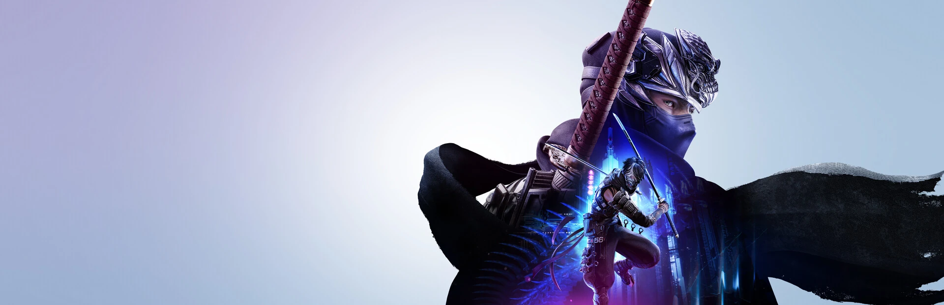 Arte oficial de Ninja Gaiden 4: Ryu Hayabusa, enmascarado y con la espada al hombro, y dentro de su silueta la figura de Yakumo