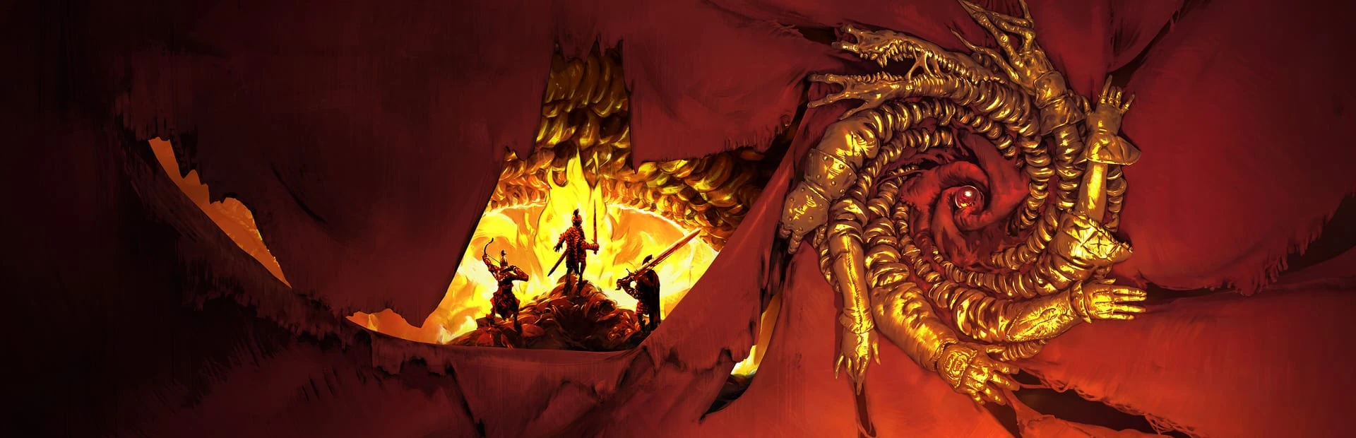 Ilustración en rojos y dorados: tres guerreros sobre una roca frente a una gran criatura dorada enroscada en espiral