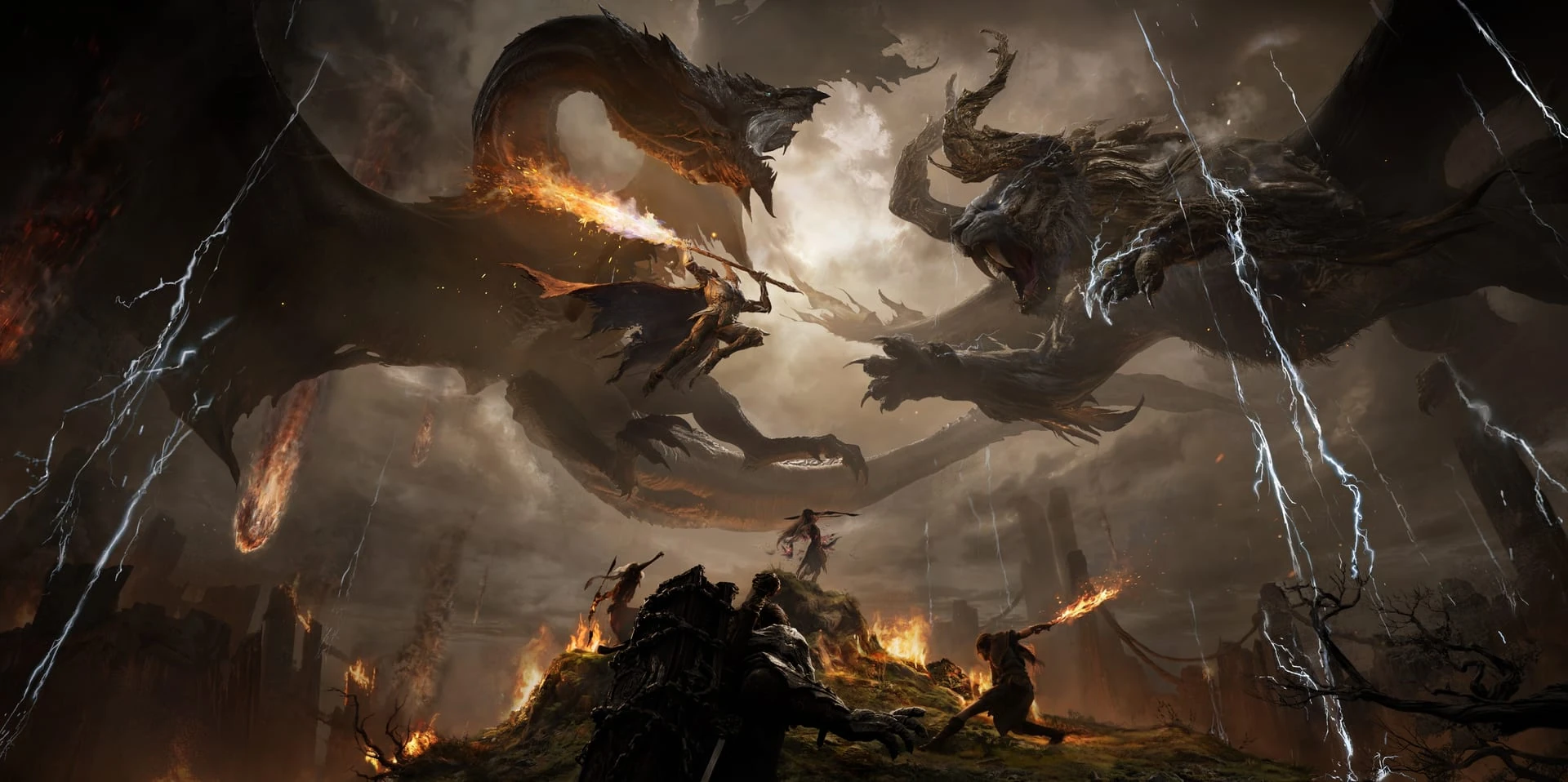 Dos dragones enormes se enfrentan en un cielo de tormenta mientras unos guerreros diminutos combaten entre llamas sobre un risco