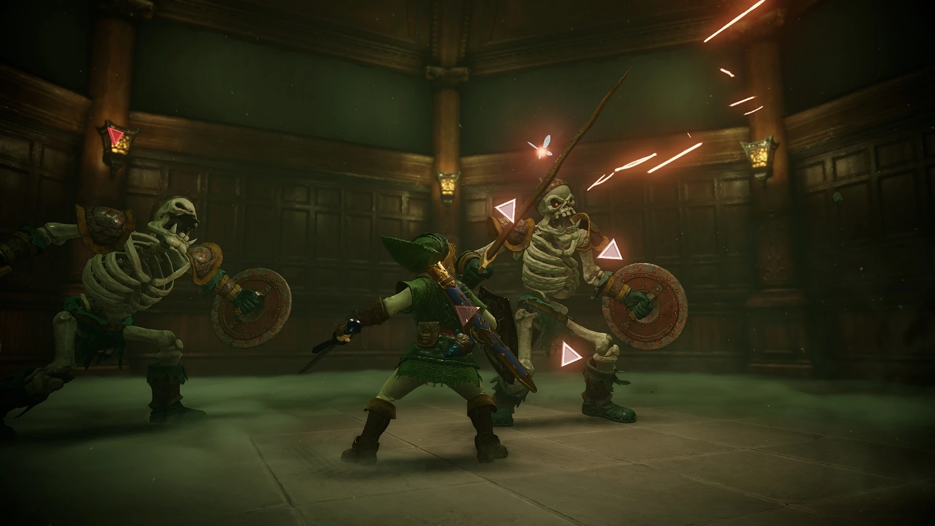 Link adulto, de espaldas, se enfrenta a dos esqueletos armados con espada y escudo en una sala de paredes de madera