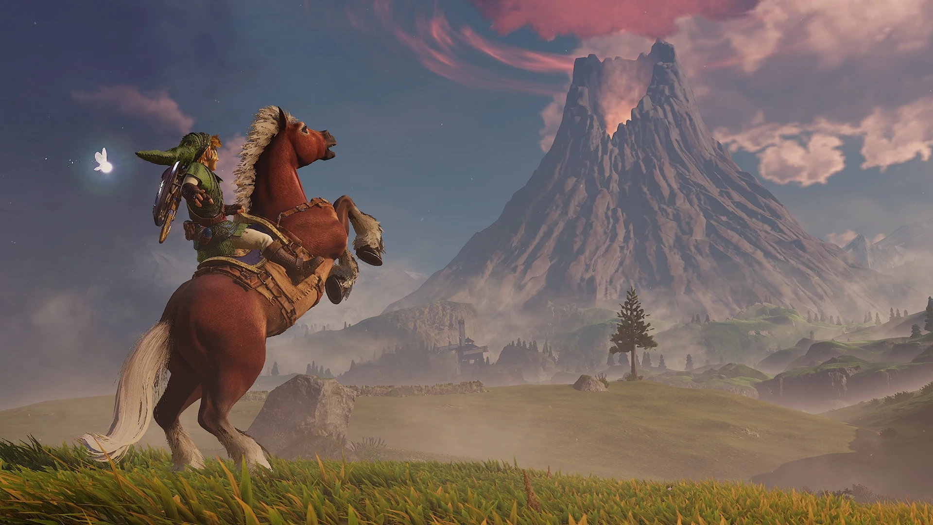 Link a lomos de Epona encabritada en una llanura, con una montaña humeante coronada por un anillo de nubes rojas al fondo