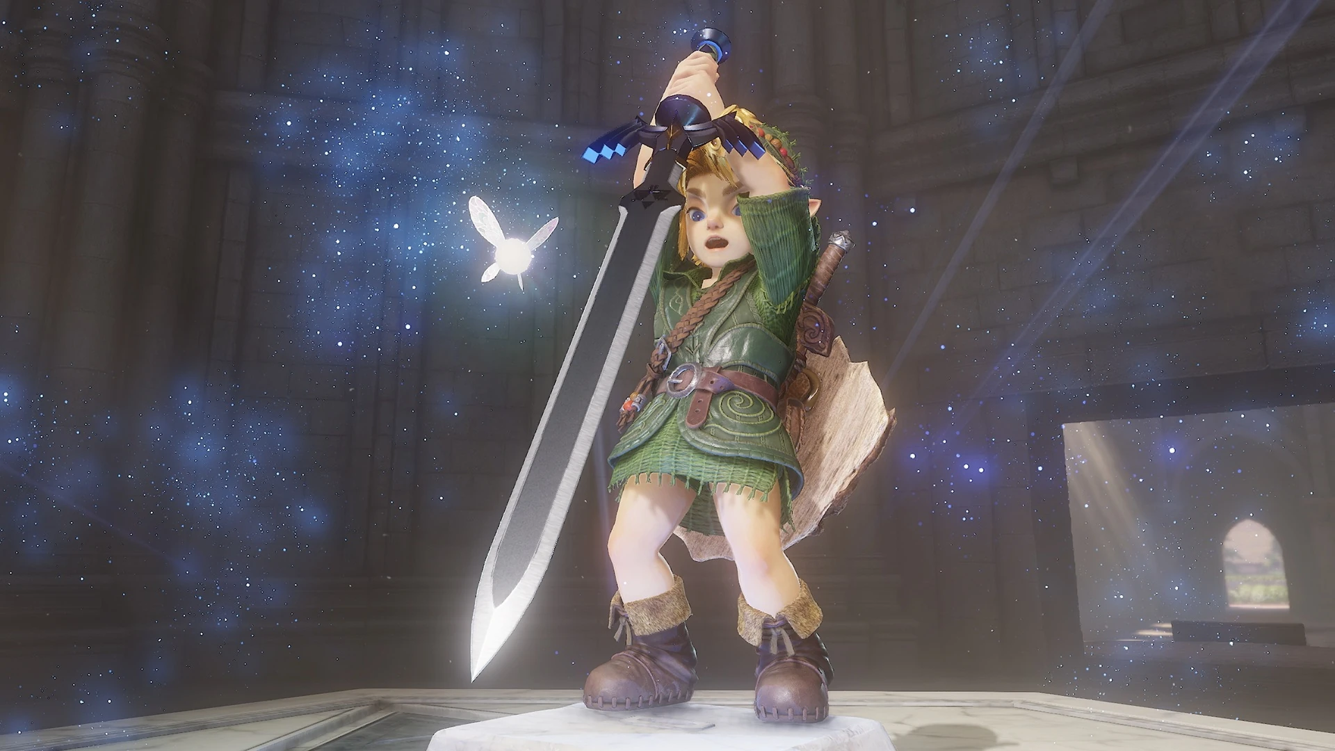 Link niño levanta con las dos manos la Espada Maestra sobre su pedestal, en una sala de piedra atravesada por haces de luz azul