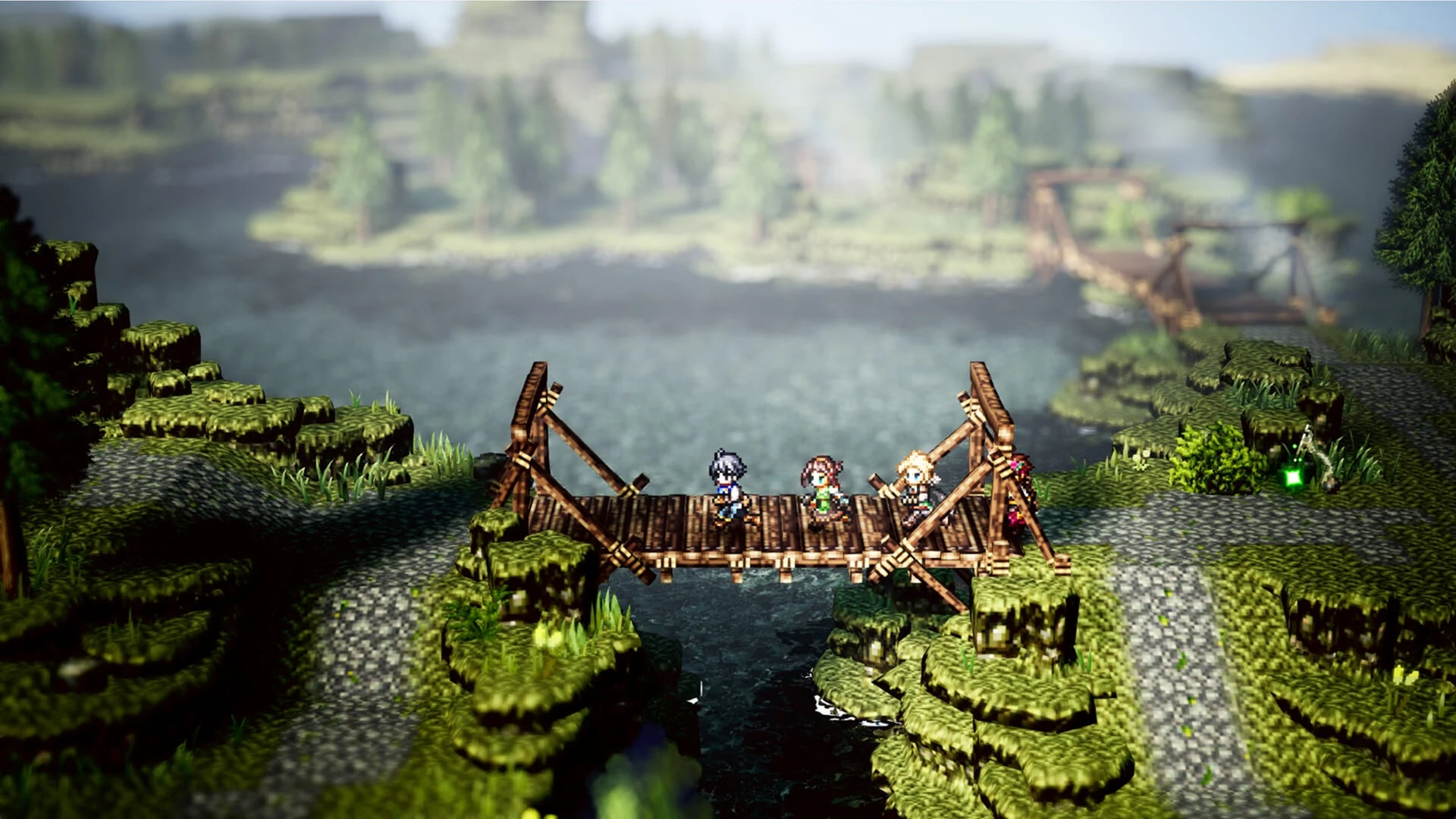 Cuatro personajes en pixel art cruzan un puente de madera sobre un río, entre orillas de hierba en escalones y árboles desenfocados al fondo