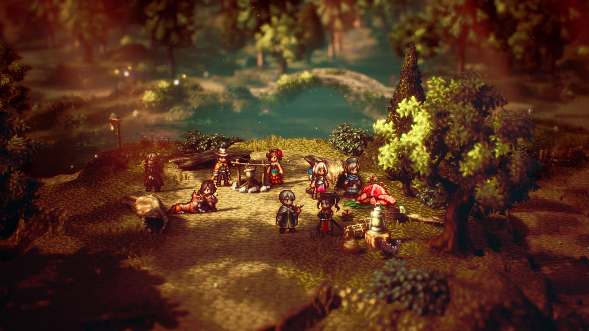 Un grupo numeroso de personajes en pixel art reunidos en un claro, entre árboles, farolas y un puente de piedra sobre el agua al fondo