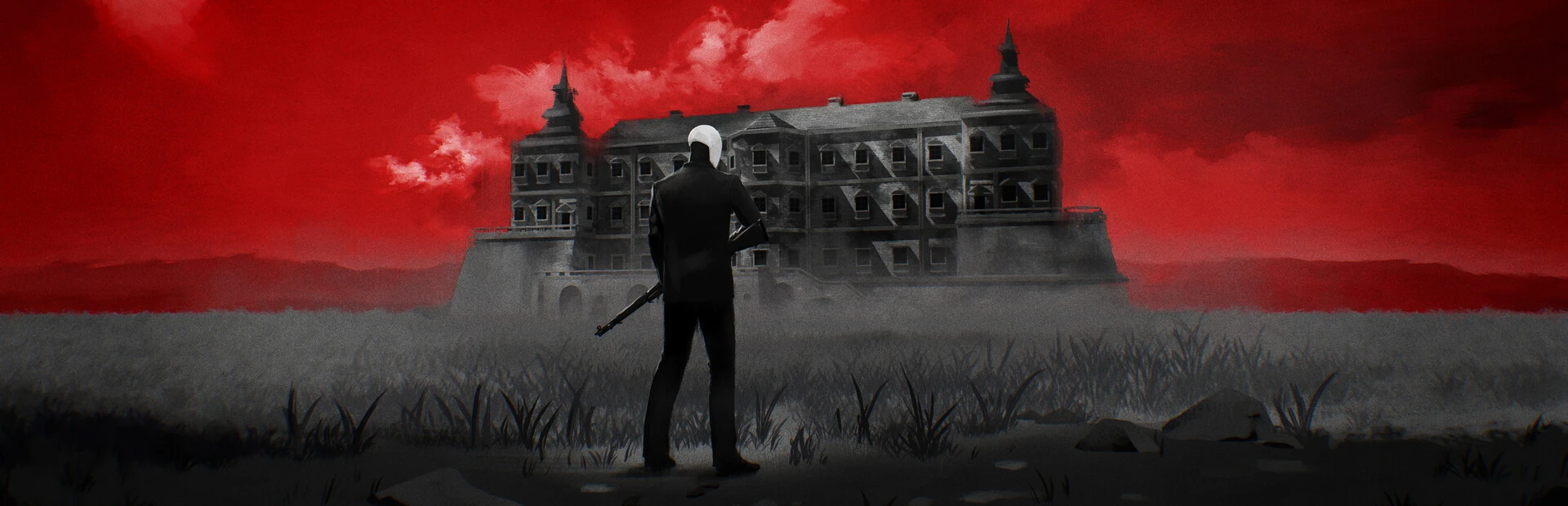Un hombre de traje oscuro con un fusil, de espaldas en un prado gris, mira una gran mansión de varias plantas bajo un cielo de nubes rojas