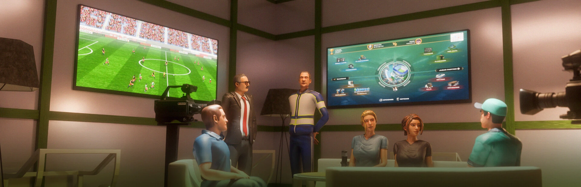 Plató de televisión con un entrenador, un presidente y tertulianos frente a dos pantallas: un partido en 3D y el menú del mánager