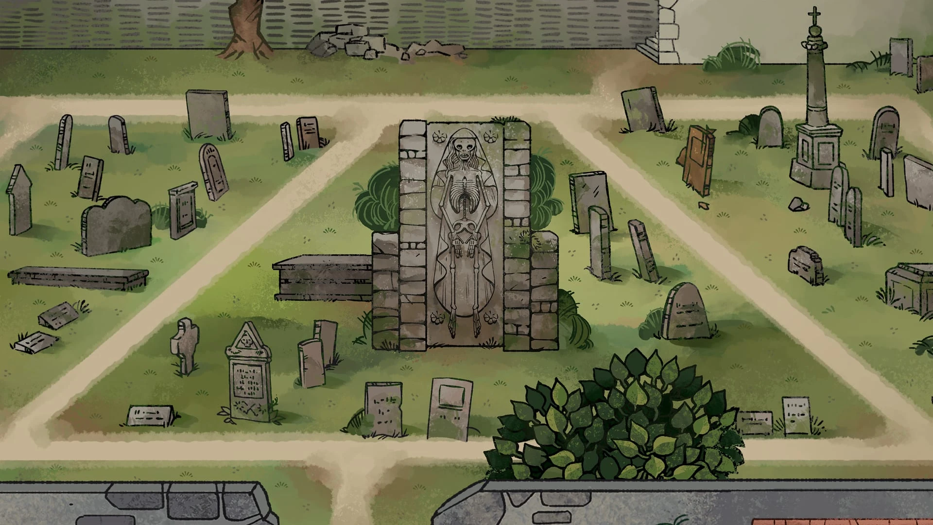 El cementerio de Tassing visto desde arriba, dibujado como un grabado coloreado: lápidas, caminos de tierra y un gran sepulcro de piedra en el centro