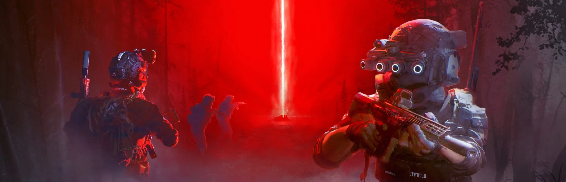 Ilustración panorámica en rojo: dos operadores armados a los lados, siluetas de criaturas en la niebla y un haz de luz vertical en el centro