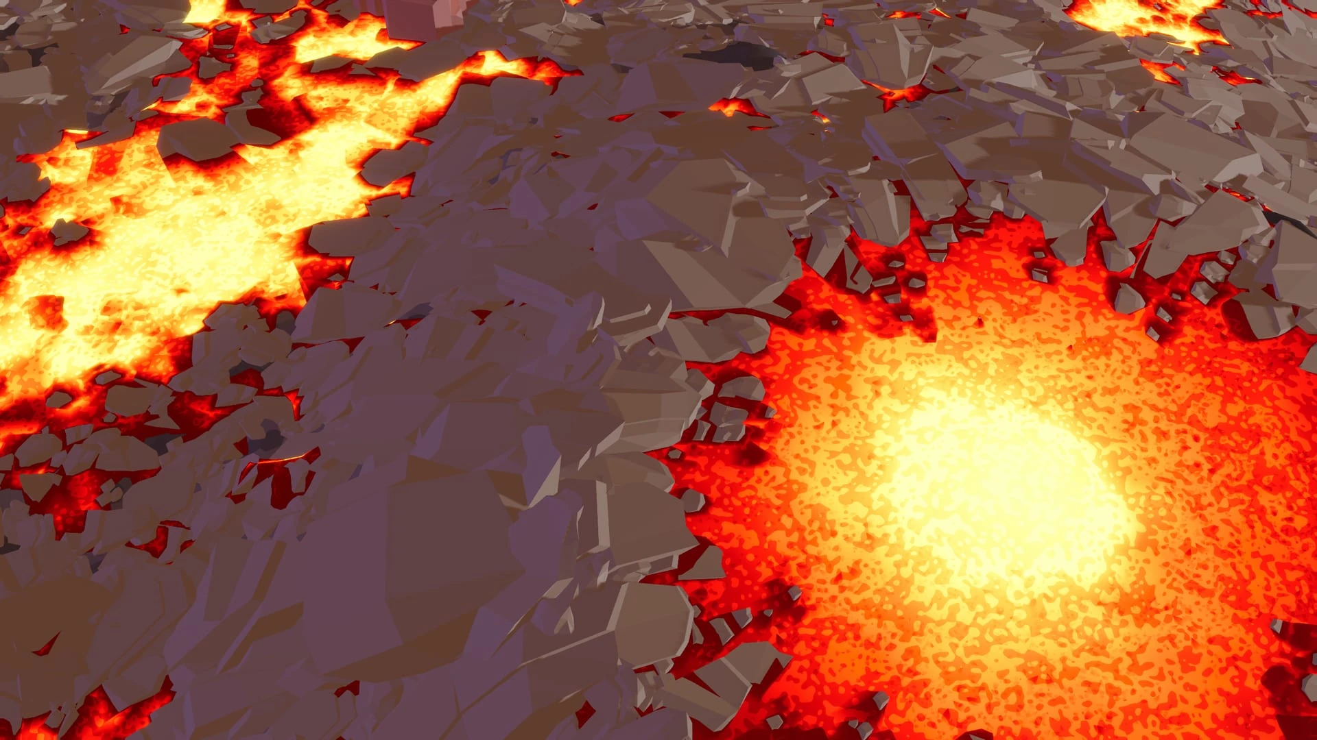 Ríos de lava amarilla y naranja abren grietas entre placas de roca gris en la superficie del planeta de fuego
