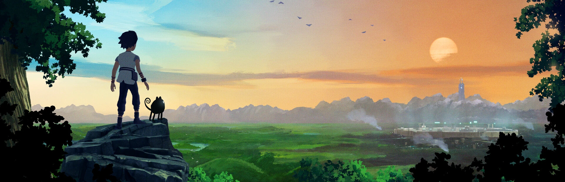 Arte oficial de Planet of Lana II: Lana y Mui, de espaldas sobre una roca, miran un valle verde al atardecer con una torre a lo lejos