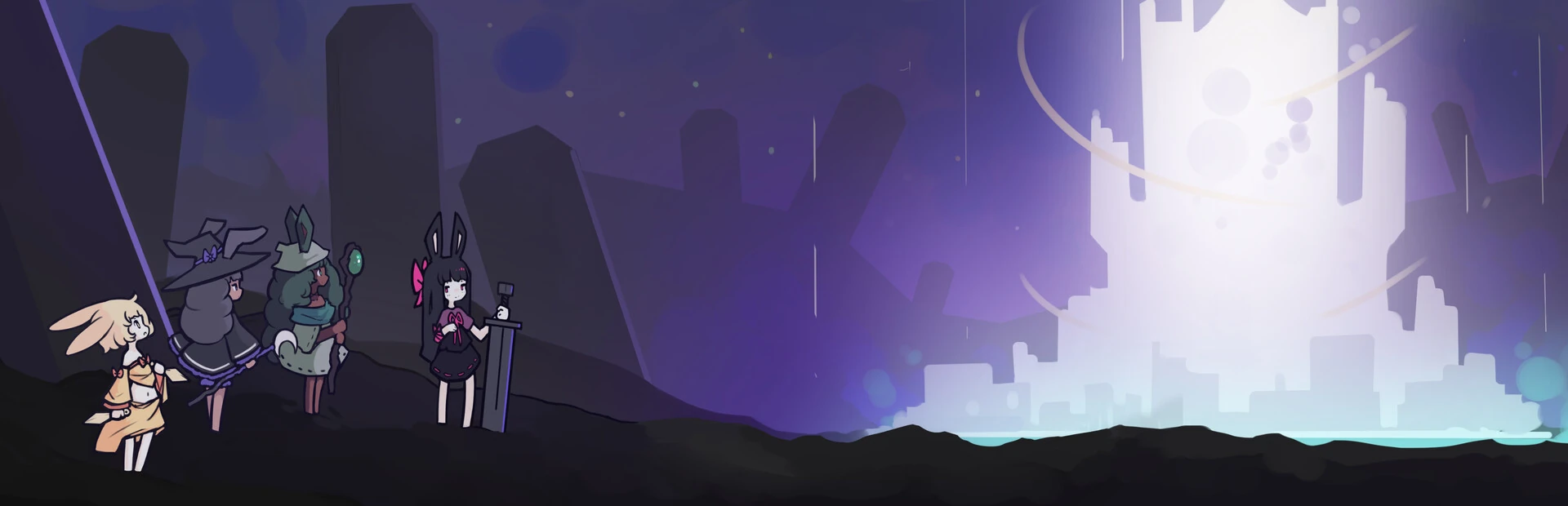 Ilustración nocturna: cuatro personajes con orejas de conejo, sombrero, báculo y espada contemplan desde una loma una torre blanca que brilla a lo lejos