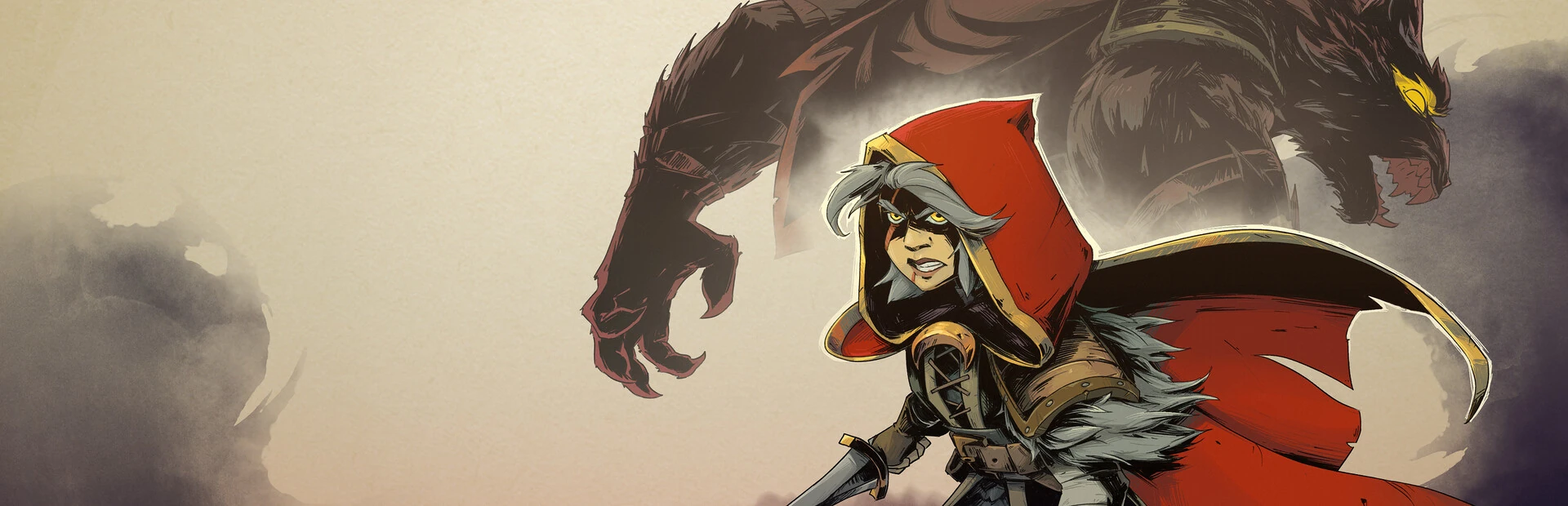 Ilustración de cómic: una joven de capucha roja y ojos amarillos empuña un cuchillo con gesto fiero, y detrás se alza la sombra de un lobo gigante