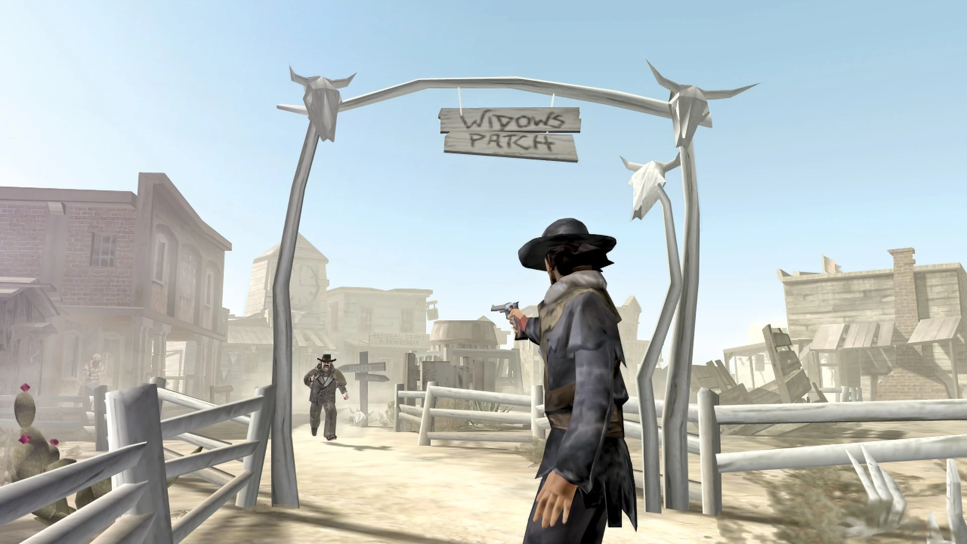 Red Harlow, revólver en mano, bajo el arco de madera con cráneos de res y el cartel de Widows Patch, a la entrada de un pueblo de tablones
