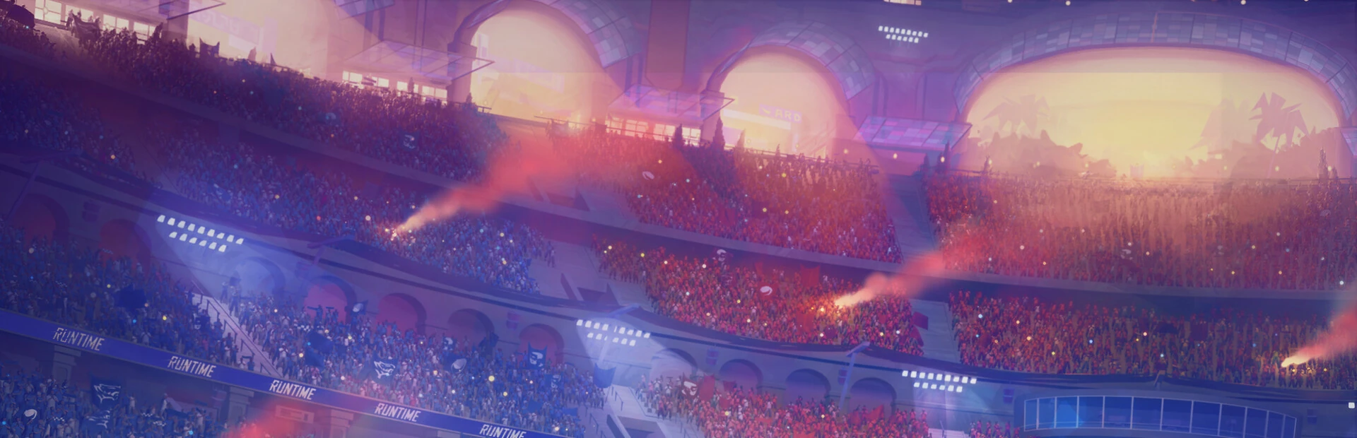 Un estadio lleno visto desde el césped, con focos, bengalas y humo rojo en las gradas