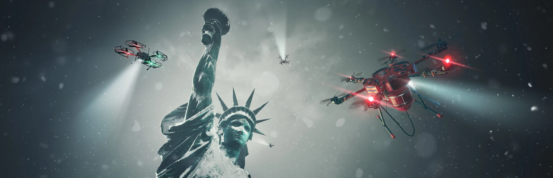 Ilustración de la Estatua de la Libertad helada bajo la nevada, entre drones con focos encendidos; a la derecha, un dron rojo con un depósito