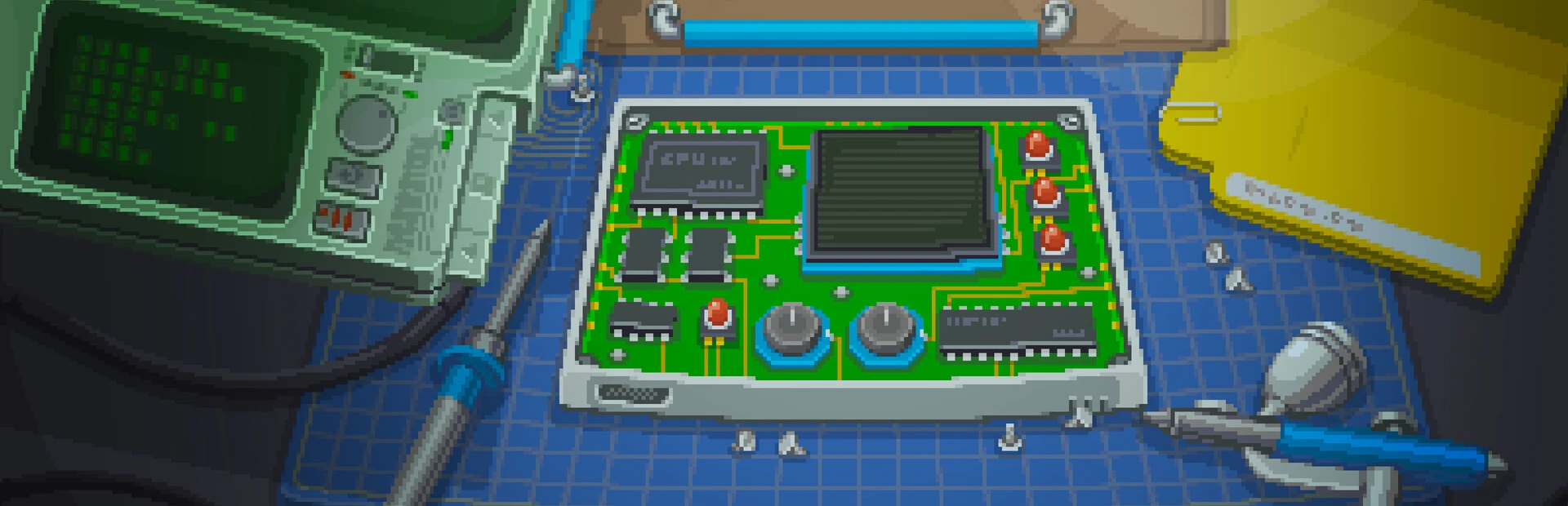 Pixel art: una placa verde con CPU, pantalla, diales y botones rojos sobre una alfombrilla azul, con un ordenador de mano, un soldador y un aerógrafo