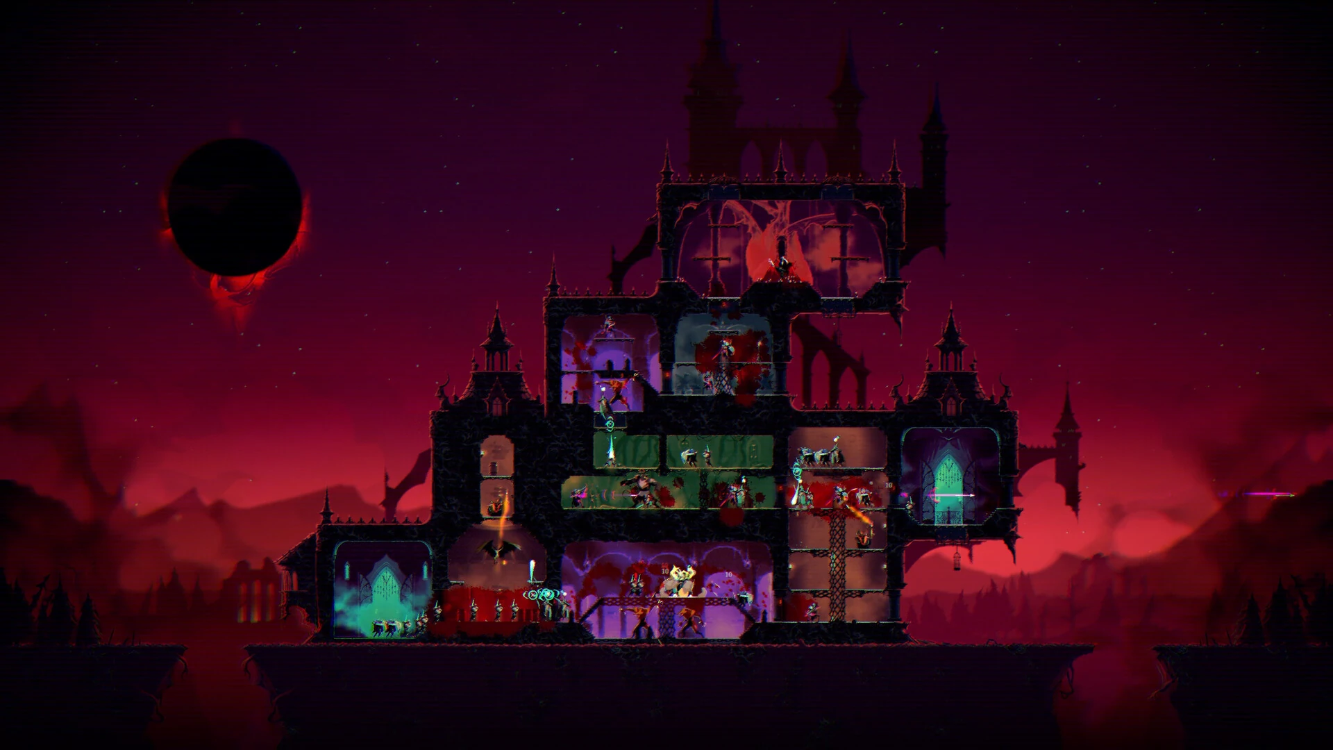 El castillo de Drácula visto de lado, con sus salas iluminadas, bajo un cielo rojo y una luna negra