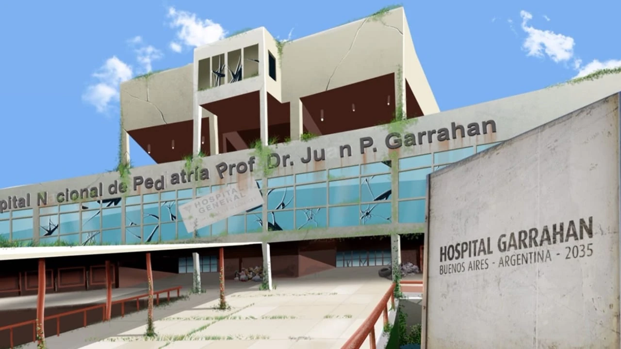 Fachada de hormigón del Hospital Garrahan con los cristales rotos y hierbas en las cornisas, y un cartel que dice «Buenos Aires - Argentina - 2035»