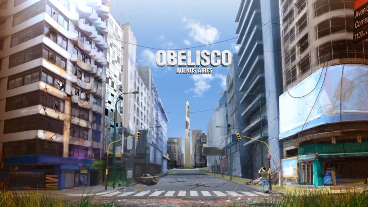 La avenida Corrientes vacía, con edificios de cristales rotos y hierba en el asfalto, y el Obelisco al fondo bajo el rótulo «Obelisco, Buenos Aires»