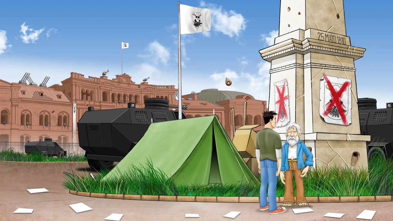 La Plaza de Mayo con la Casa Rosada al fondo, blindados negros, una tienda de campaña verde y Christian junto a un anciano de barba blanca al pie de la Pirámide