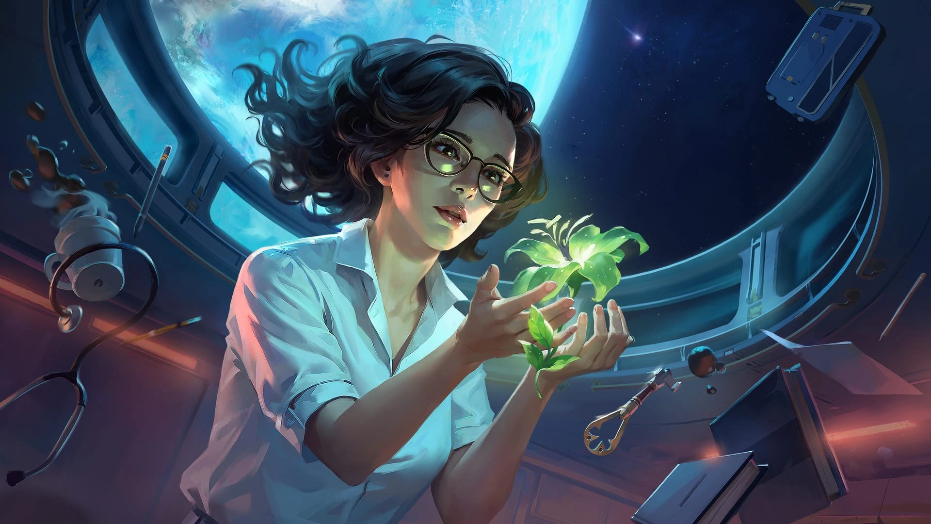 Miranda, con bata blanca y gafas, sostiene una planta luminosa verde en ingravidez delante de un ventanal circular que da a un planeta azul, con una llave y un estetoscopio flotando cerca