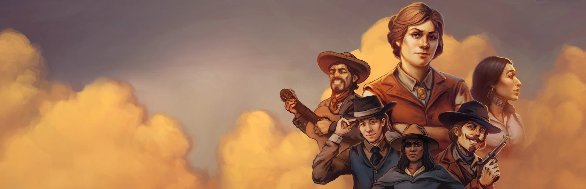 Harley Leger y cinco compañeros de viaje posan ante un cielo de nubes anaranjadas