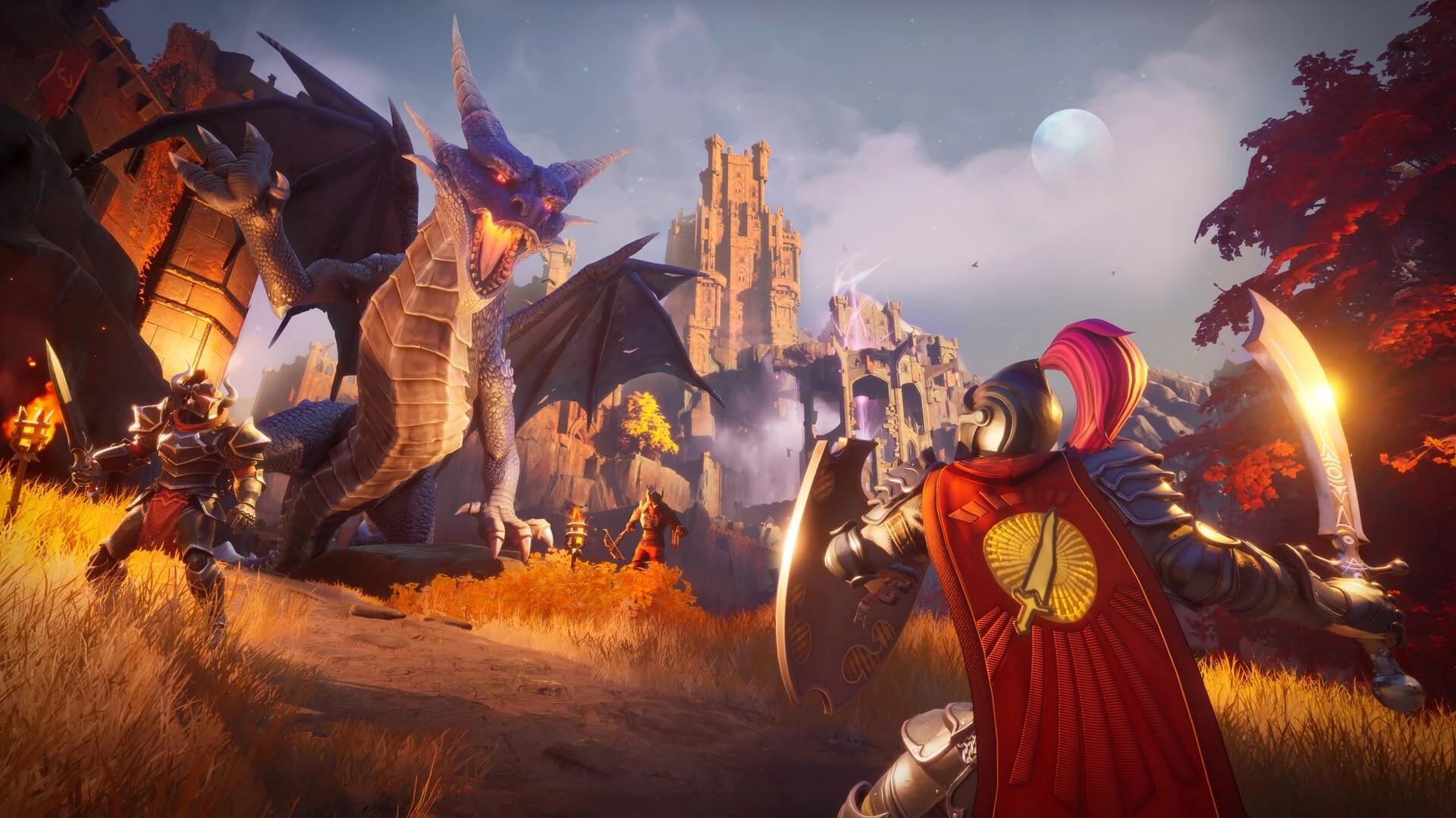 Un aventurero con armadura y capa roja, cimitarra en mano, frente a un dragón morado junto a las ruinas de un castillo al atardecer