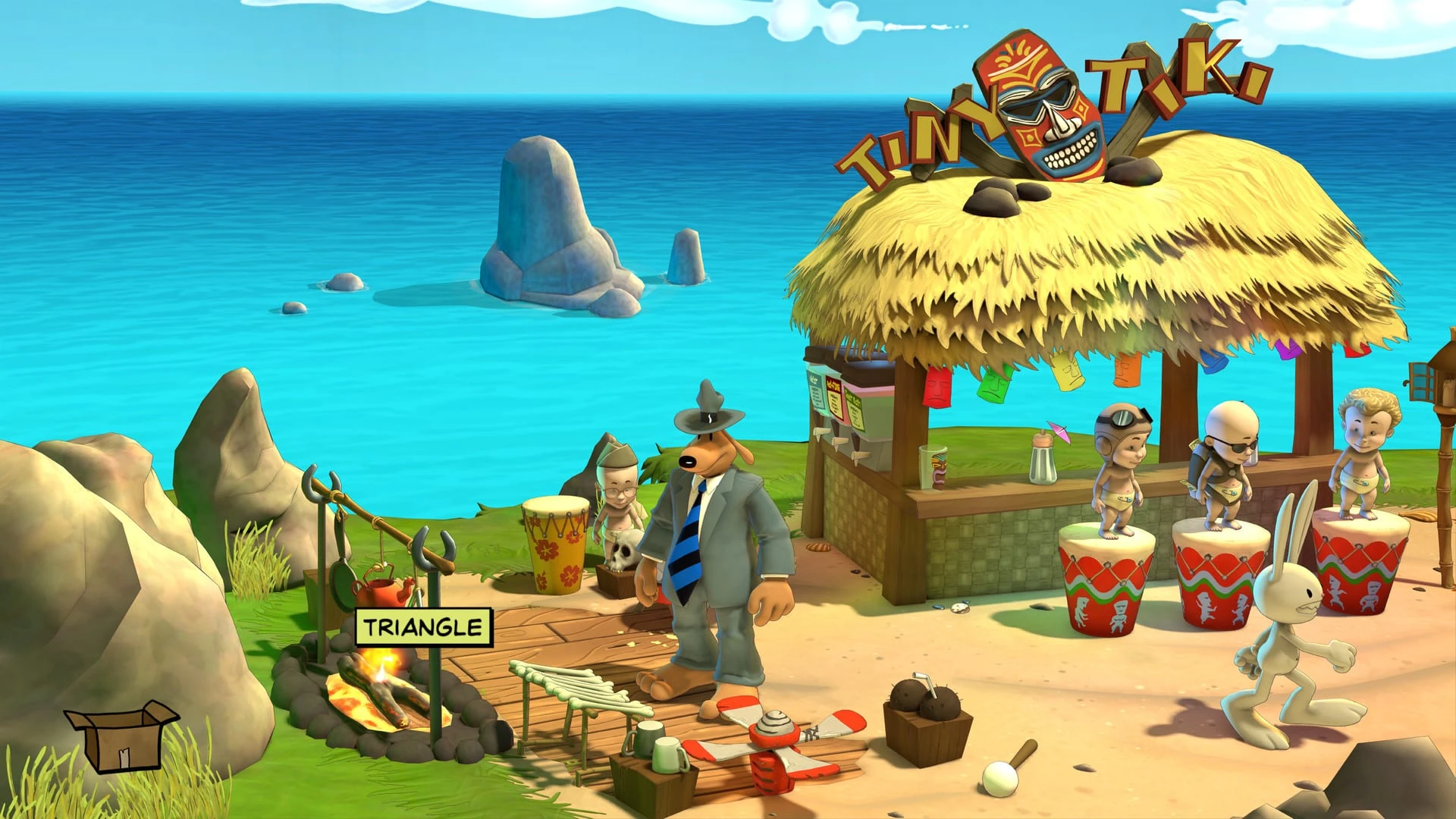 Una playa junto al mar con un chiringuito de techo de paja coronado por un cartel tiki; Sam y Max caminan por la arena entre tambores