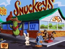 Sam, perro antropomorfo con traje y fedora, y Max, conejo blanco sonriente, delante de un restaurante de carretera con el rótulo Snuckey's, un cactus con sombre