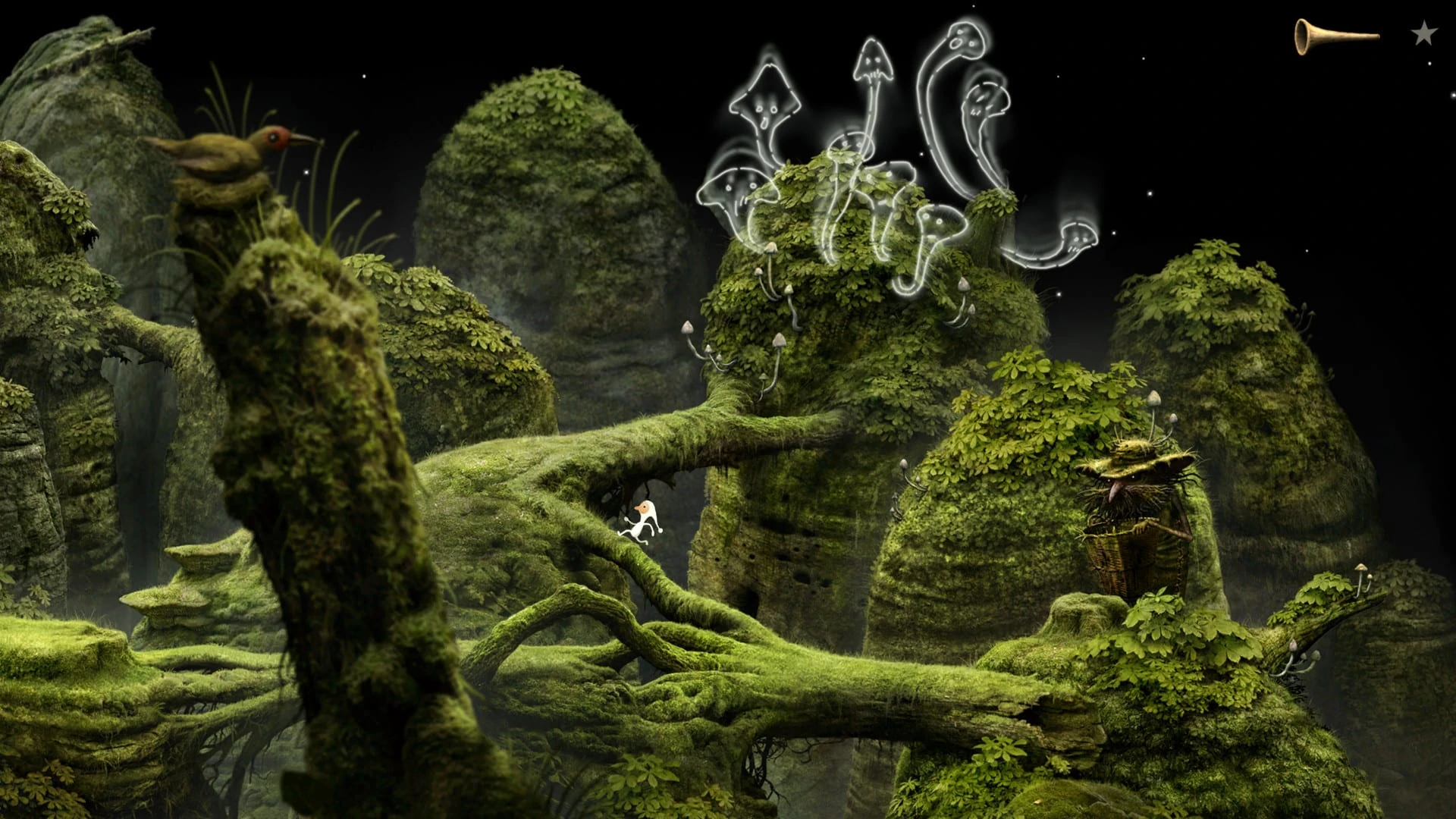 Un bosque de montículos y troncos cubiertos de musgo verde; sobre uno de ellos, unas setas blancas y translúcidas como fantasmas