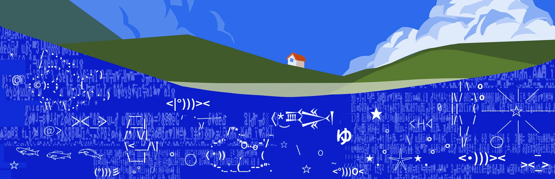 Una casita de tejado rojo entre colinas verdes bajo un cielo azul, y debajo un mar azul intenso lleno de peces y estrellas dibujados con caracteres de texto