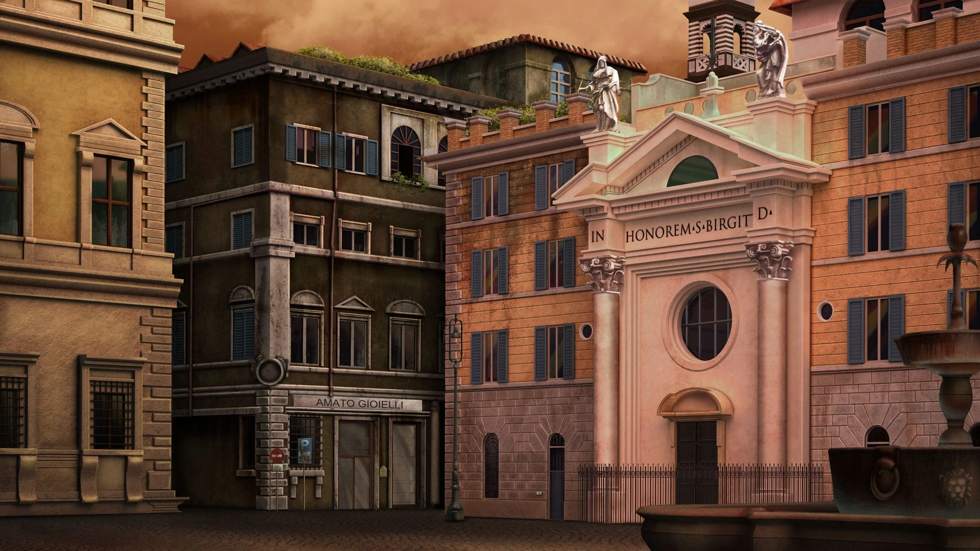 Plaza romana al atardecer, con fachadas ocres, una joyería en una esquina y una iglesia con la inscripción «In honorem S. Birgit» junto a una fuente