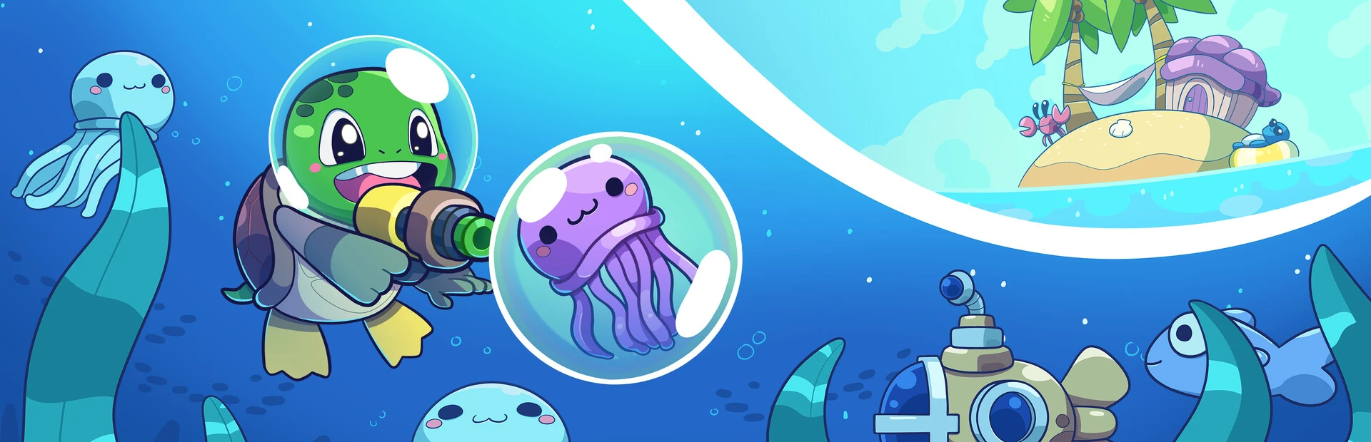 Ilustración oficial: la tortuga con escafandra y pistola de burbujas junto a una medusa atrapada en una burbuja, bajo el agua