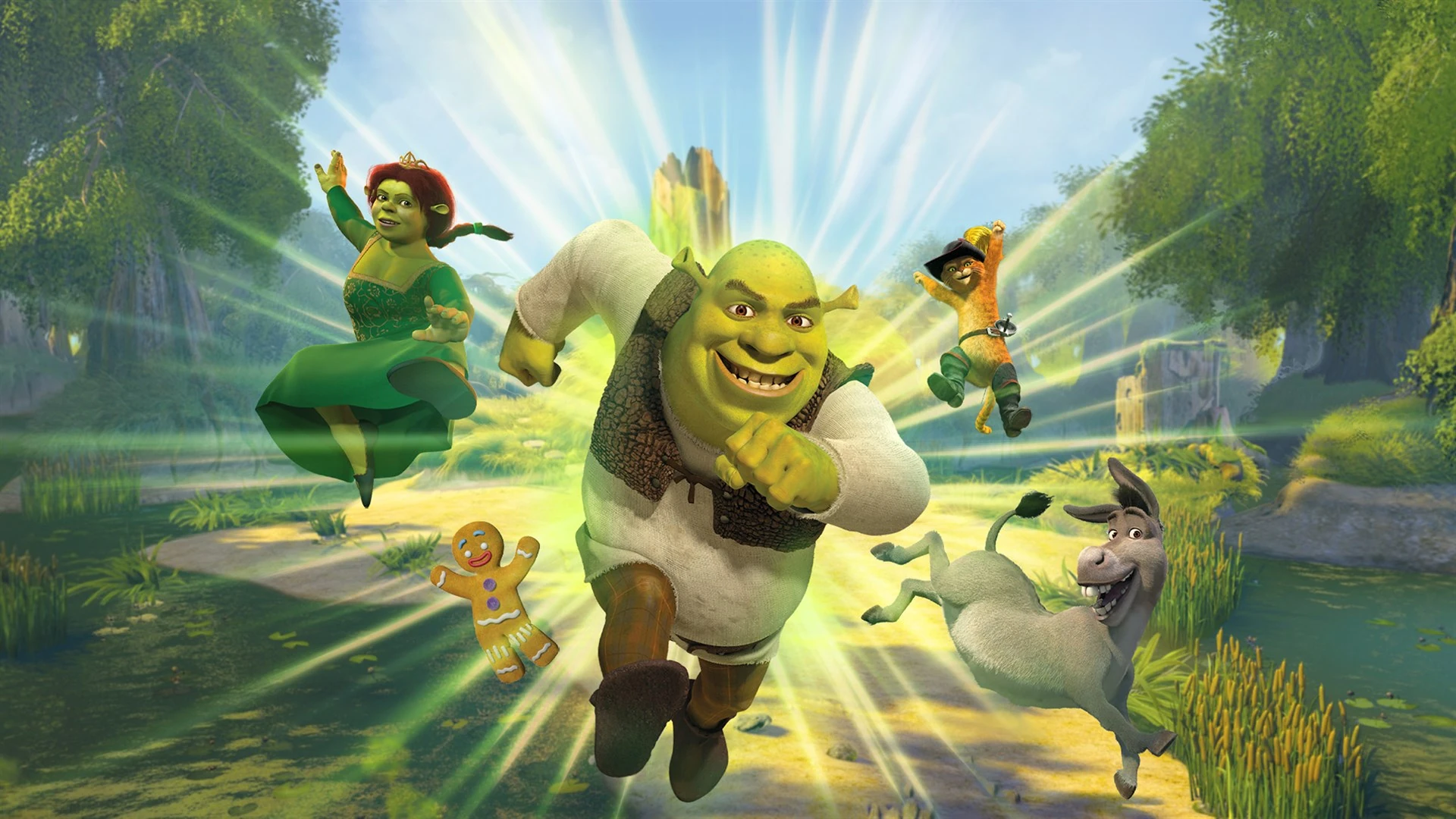 Shrek corre por un camino del pantano envuelto en un destello verde, con Fiona y el Gato con Botas en el aire y Jengi y Asno a sus pies