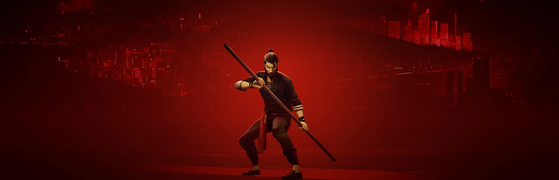 Arte oficial sobre fondo rojo: el protagonista, con coleta y ropa oscura, en guardia con un bastón largo delante de la silueta de una ciudad