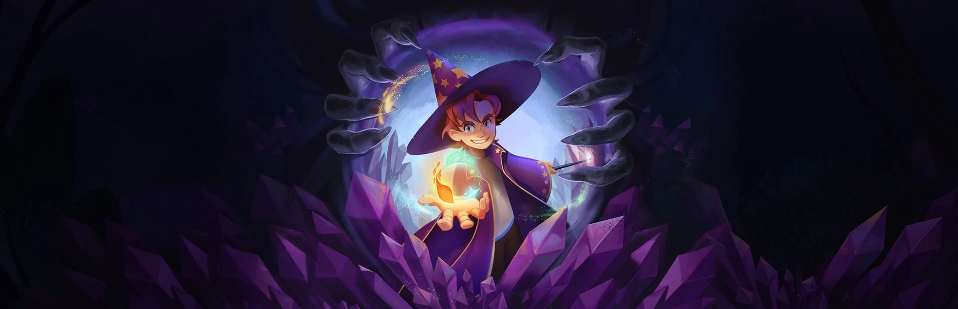 Arte oficial: Simon sale sonriente de un portal violeta rodeado de cristales morados, con una varita en una mano y una llama en la otra