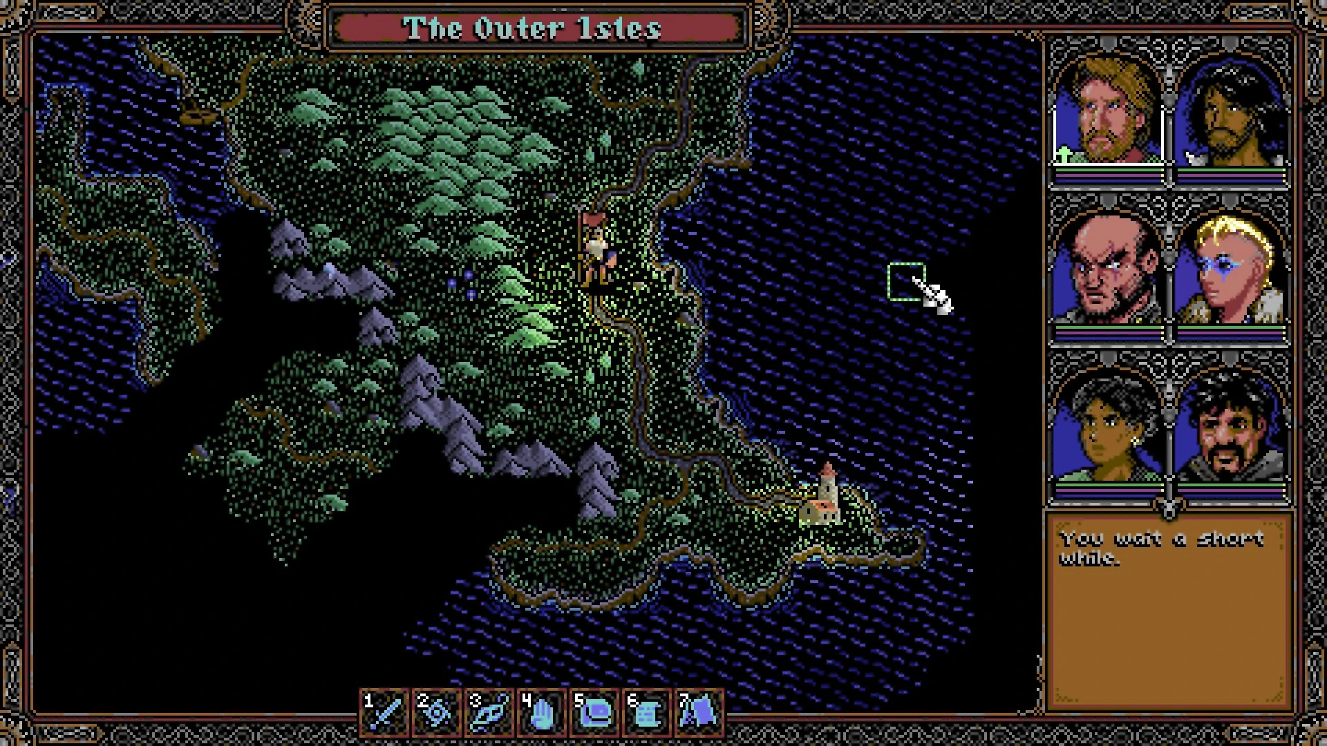 Mapa de las Islas Exteriores en pixel art: una isla boscosa con montañas violetas y un faro en la costa, rodeada de mar azul