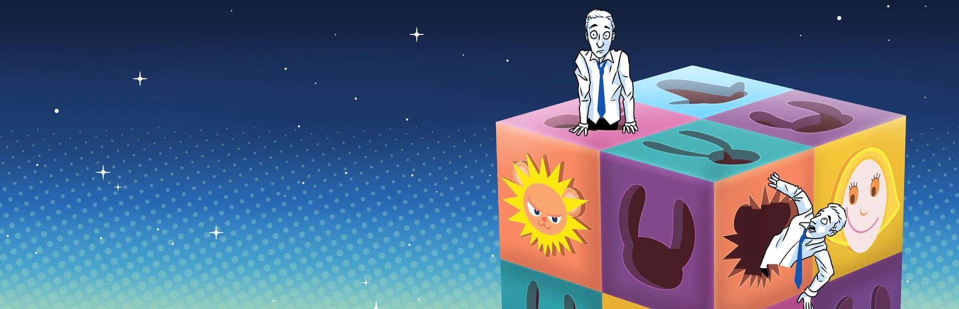 Un cubo de juguete de colores, con un sol con cara y siluetas de conejo, bajo un cielo estrellado; Rufus asoma por arriba y se cuela por un agujero de un lateral