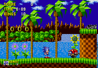 Sonic en Green Hill junto a un Motobug rojo, con palmeras, girasoles y una cascada al fondo; 10 anillos en el marcador