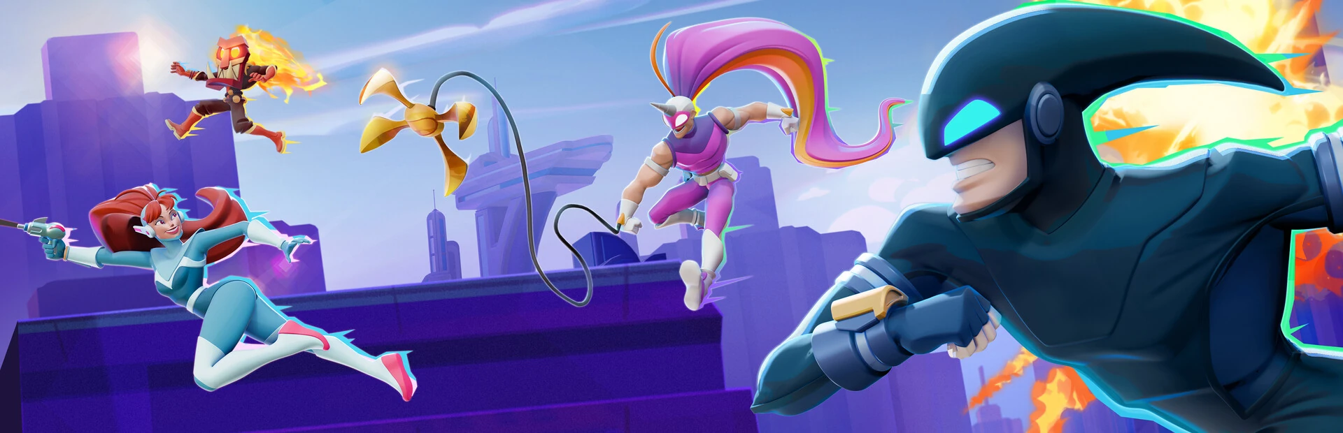 Ilustración oficial: varios corredores saltan entre azoteas moradas, uno colgado de un gancho, junto al enmascarado SpeedRunner en primer plano