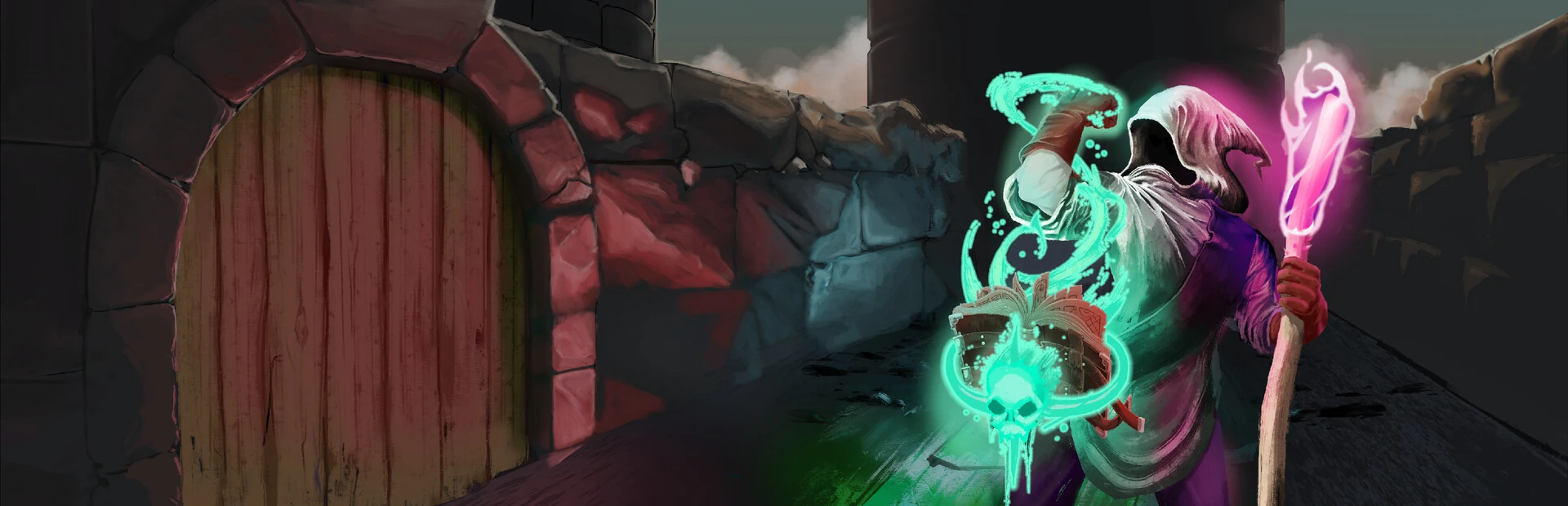 Ilustración: un mago encapuchado con báculo de cristal rosa conjura un libro y una calavera de luz verde junto a la puerta de madera de una muralla